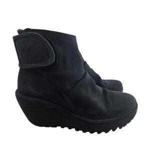 Fly London Yegi Wedge Ankle Boots Womens 6.5 7 37 Black Suede Slouchy Platform
